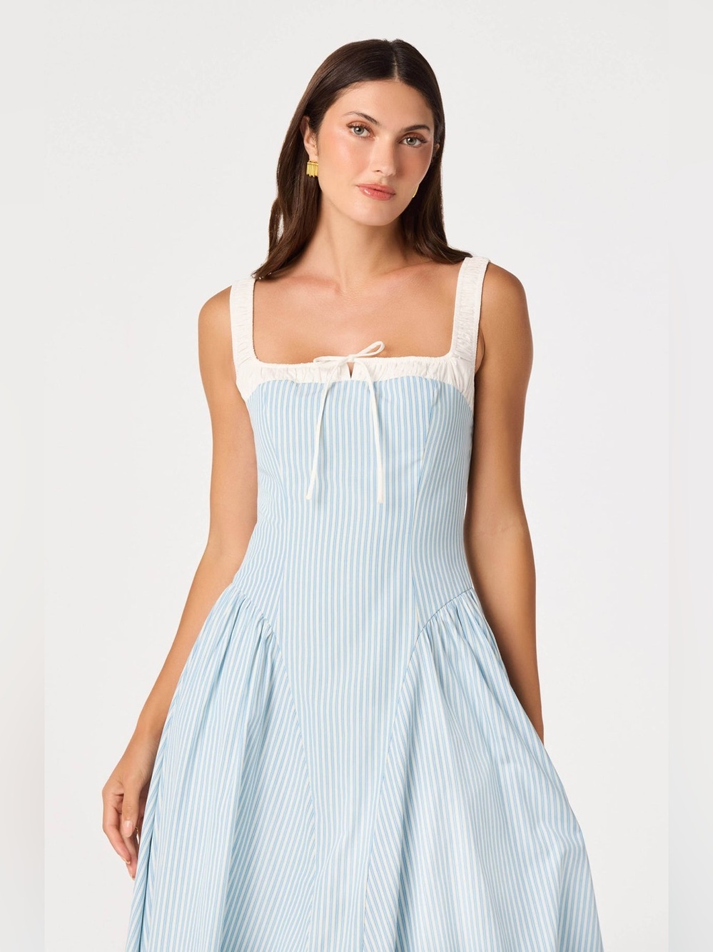 Sleeveless Blue Stripe Midi Dress with Cream Trim - Picture 2 of 4